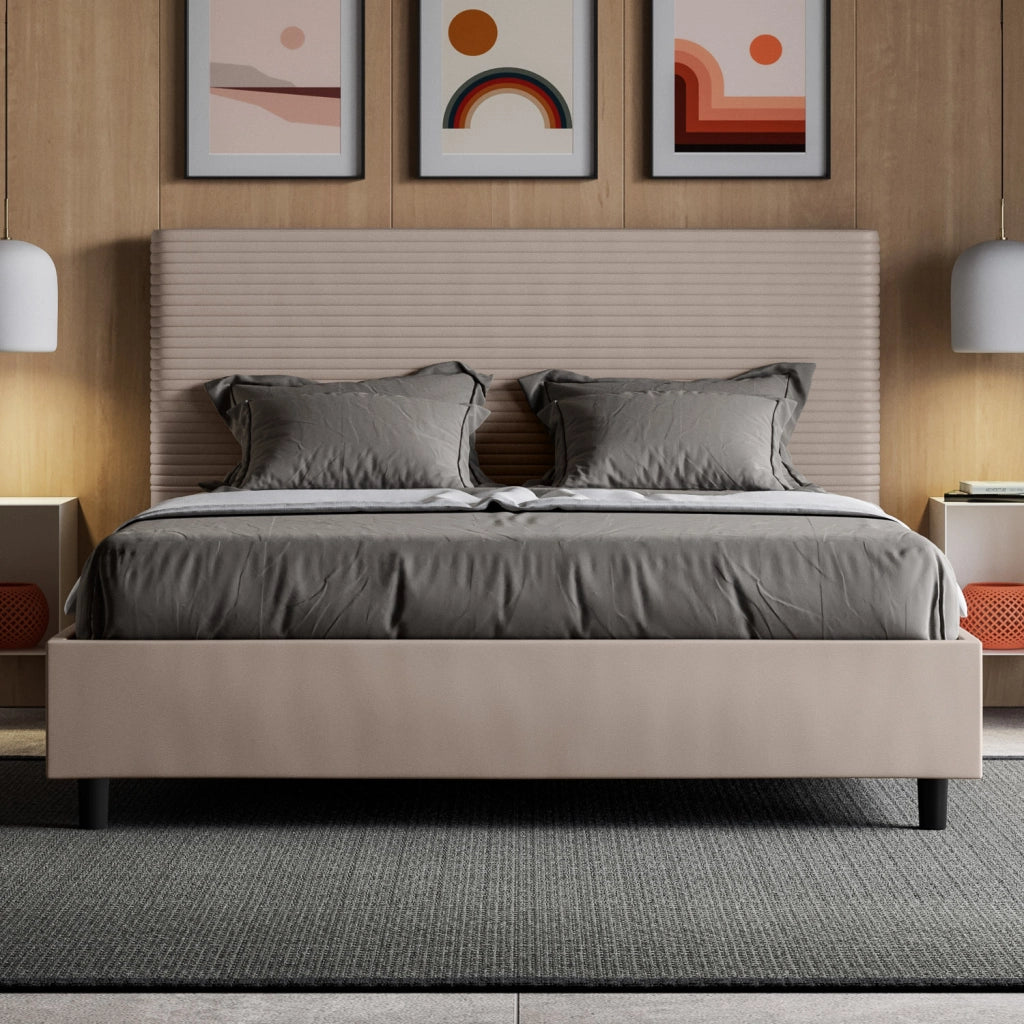 BS COM Letto matrimoniale francese contenitore imbottito 140x200 similpelle tortora