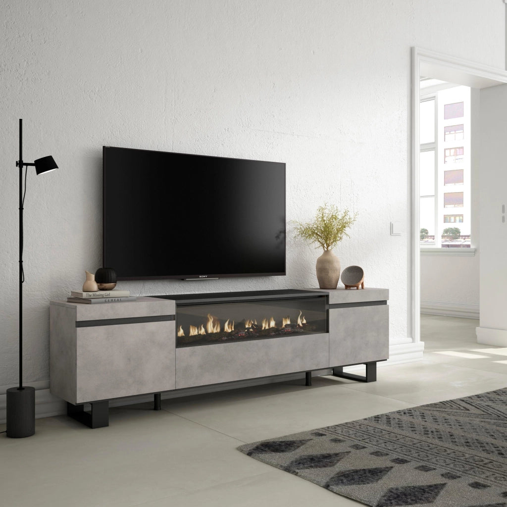 Mobile TV, 200x35x57cm, soggiorno, Per TV fino a 80", Camino elettrico, Design industriale, grigio cemento RF2224