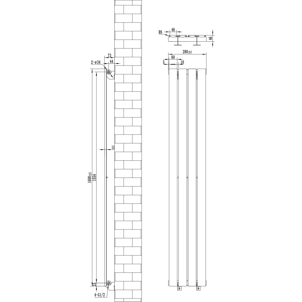Radiatore Verticale 1600 x 280 mm con Valvole TRV Nero