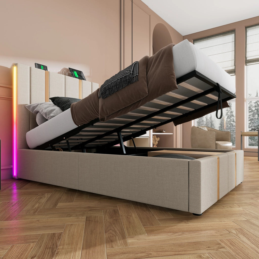 Letto singolo LED – 90x200 cm – USBC APP contenitore – lino beige