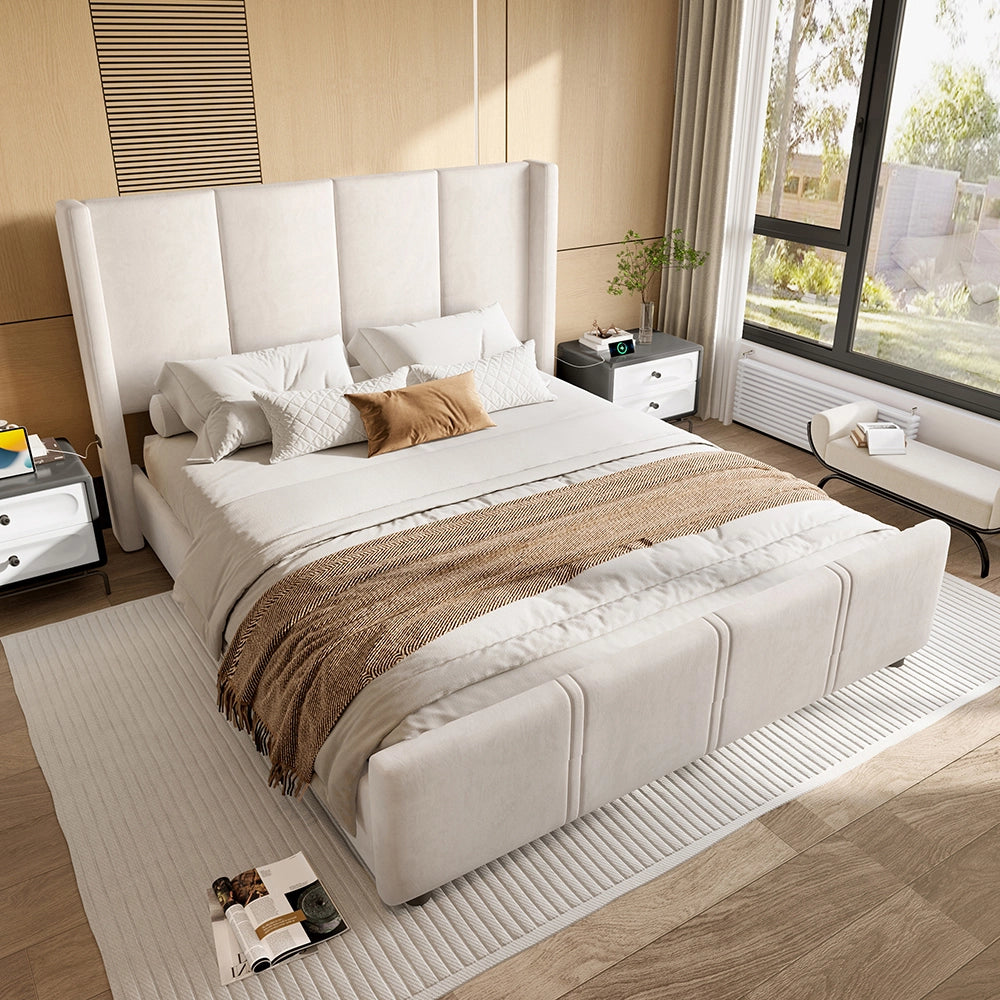 Letto-Xylo-140x200 cm-testiera alta, USB, ferro+legno, beige