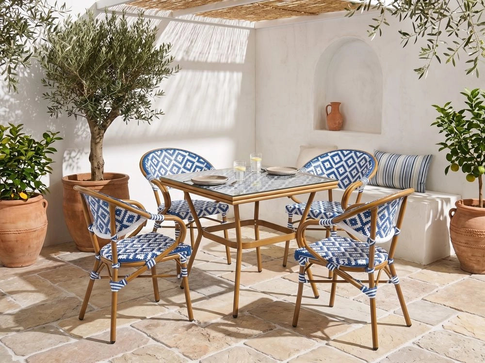 Tavolo da giardino in rattan PE blu e bianco con piano in vetro temperato struttura in alluminio 80 x 80 cm arredo da esterno