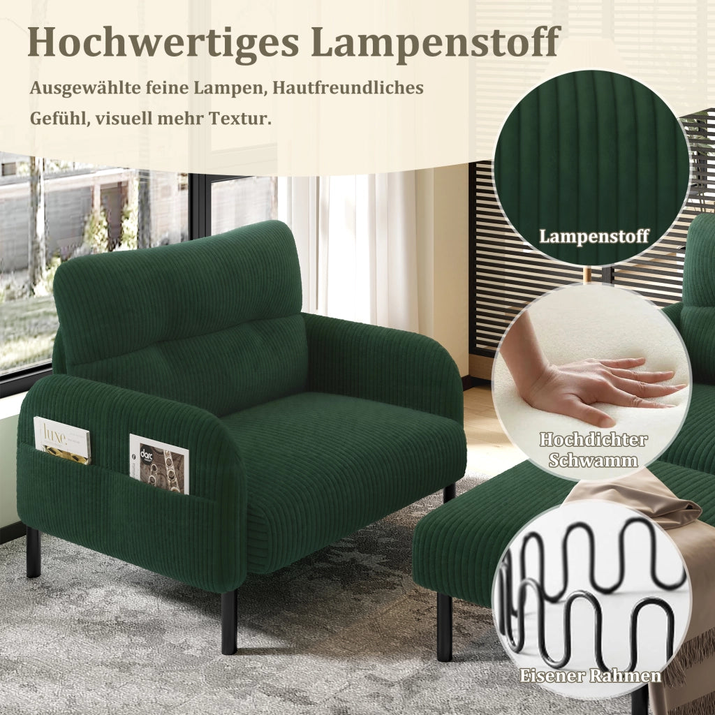 DIVANO Set da 3 pezzi 2 posti, poltrona e pouf in cord verde smeraldo