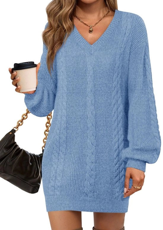 Mini-jurk con collo V - Maglione a maglia - Stile oversized - Maniche a lumiere - Camicia senza maniche - Tessuto soffice