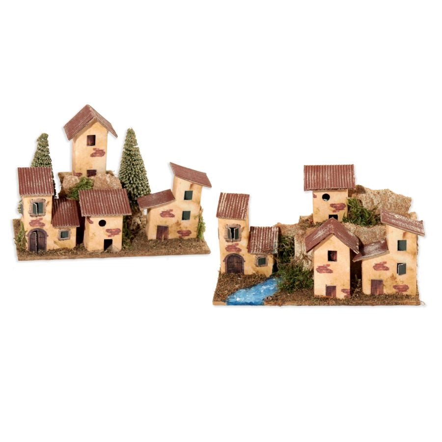GRUPPO CASETTE A SCHIERA CON FIUME PER PRESEPE O MODELLISMO