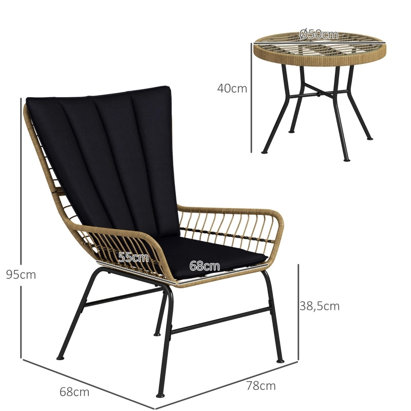 OKWISH Set da 3 Sedie da Giardino con 2 Poltrone, Tavolino Rotondo, Cuscini e Rattan Nero