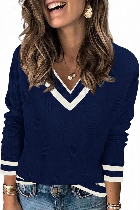 Maglione con collo V - Tela a maglia - Lunghe maniche - Casual - Stile elegante con disegno contrastante - Qualità di tessuto di alta qualità