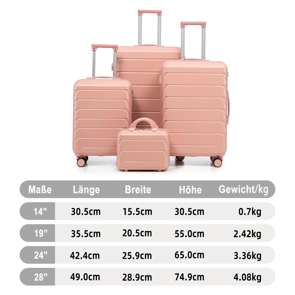 Set di valigie rigide 4 pezzi in ABS rosa con beauty case da 14 pollici e ruote doppie girevoli a 360°