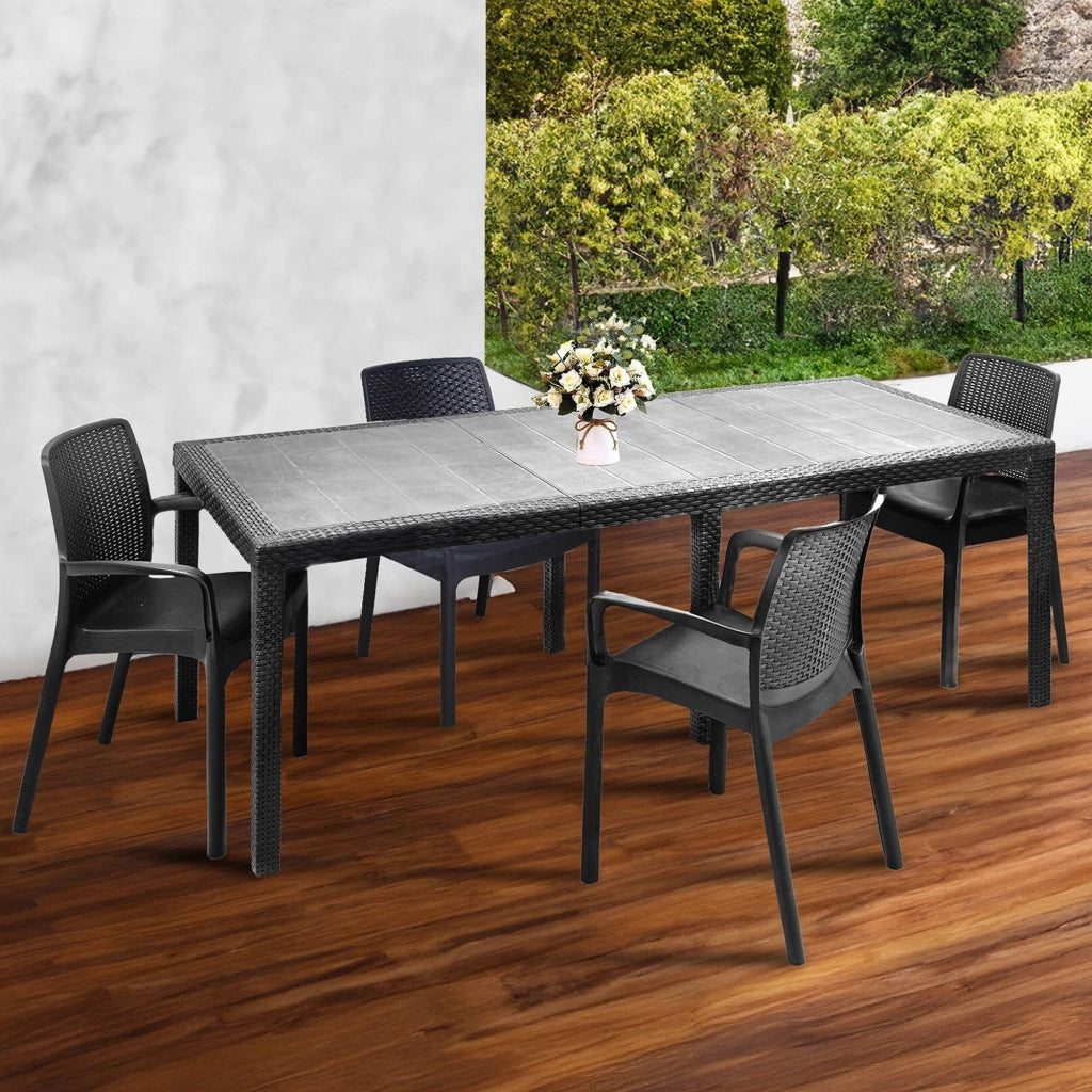 Set tavolo e sedie Arret, Ripiano rettangolare allungabile da esterno con 4 sedie incluse, Tavolo e sedute da giardino effetto rattan, 100% Made in Italy, Antracite