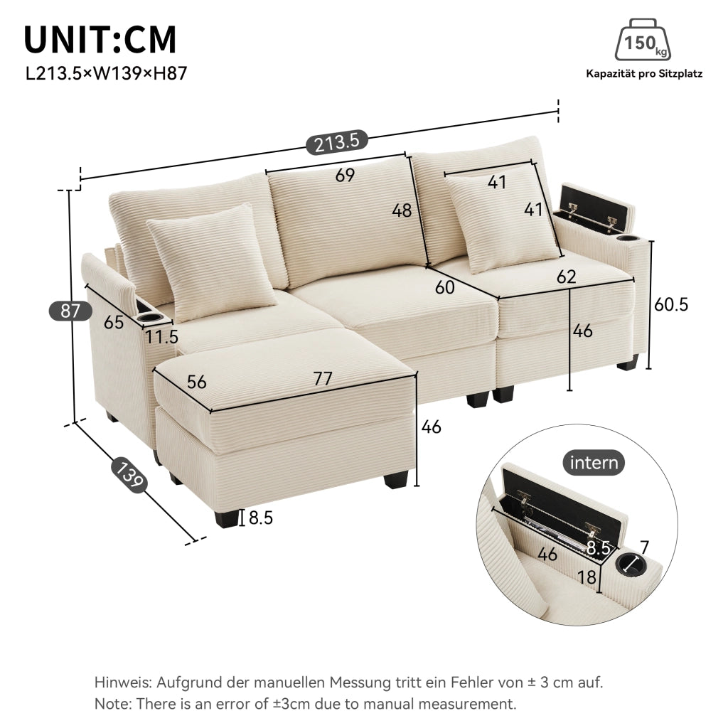 Divano Angolare 3 Posti con Poggiapiedi e Cuscini ¨C Xylo ¨C Beige