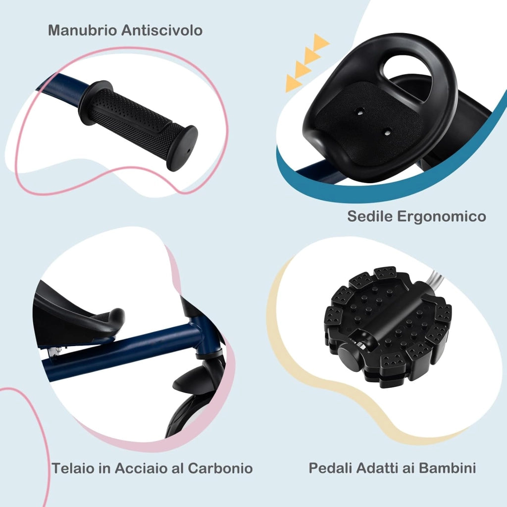 Triciclo per Bambini, Trike con Sede Regolabile Cestini Anteriori e Posteriori, Bicicletta a 3 Ruote con Telaio in Ferro Carbonioso di Alta Resistenza, per Bambini 1,5-5 Anni (Blu)