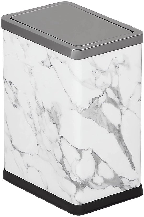 Pratolina per rifiuti piccola per ufficio/bagno con coperchio rotante, soggiorno, camera da letto, cestino dei rifiuti, contenitore dei rifiuti in metallo, marmo bianco, 2,6 litri
