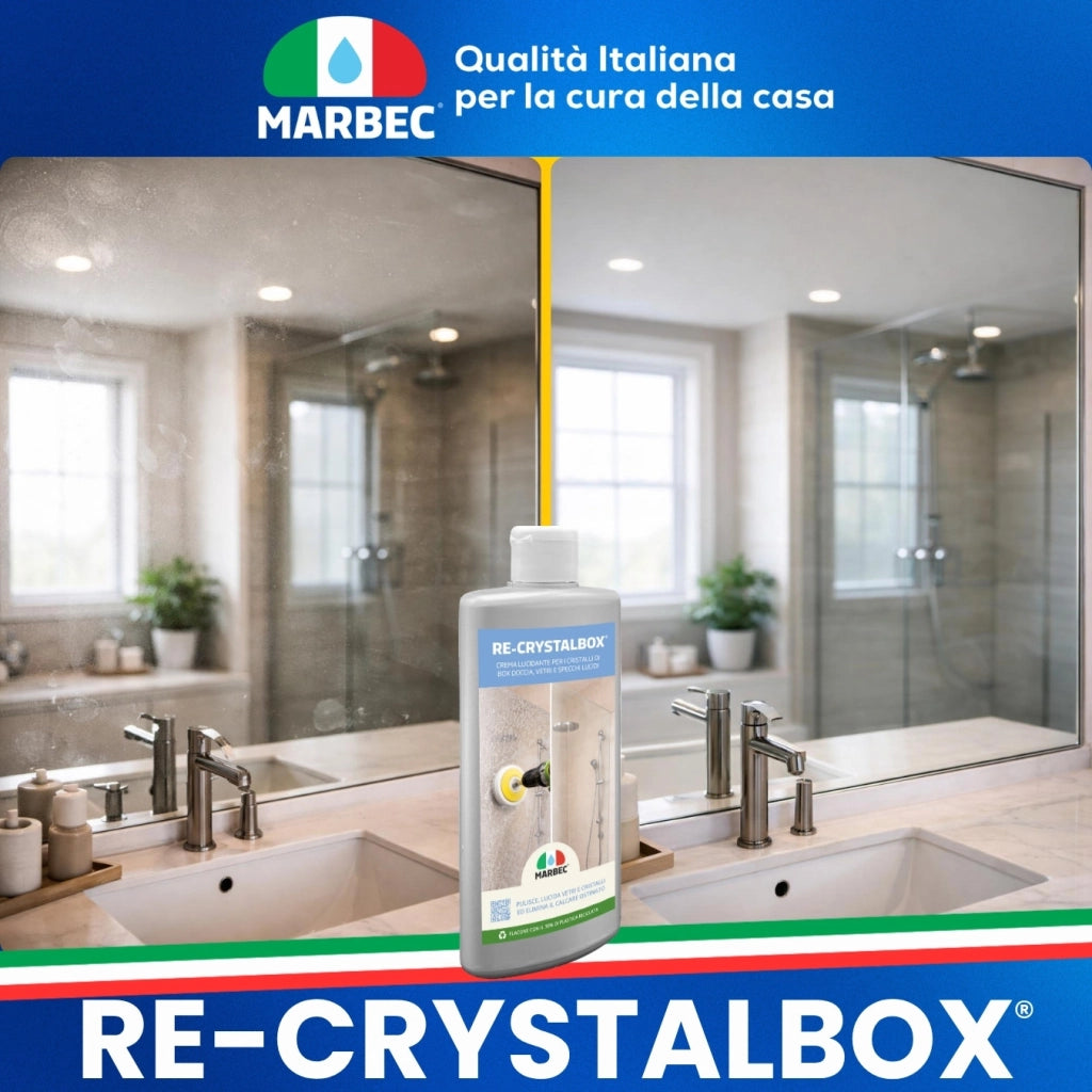 Crema lucidante vetro doccia, rimuove calcare e ripristina brillantezza Marbec RE-CRYSTALBOX® 250GR