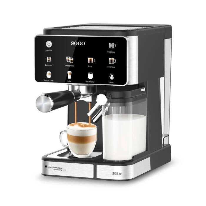 Macchina caffè espresso 4 in 1 20 bar con cappuccinatore, serbatoio 1,5L e pannello touch per capsule e macinato - Sogo