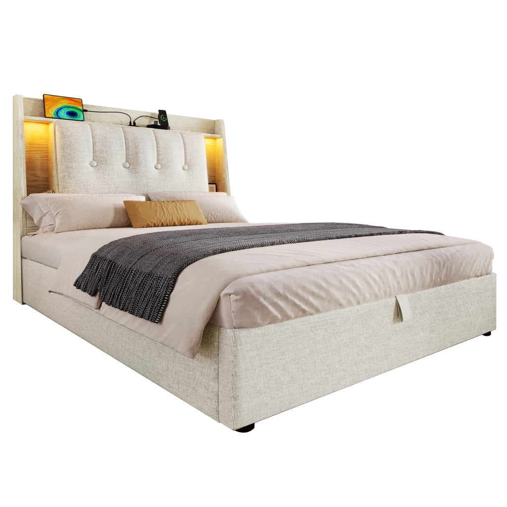 Letto singolo imbottito 90x200cm con ricarica LED e USB C in lino beige