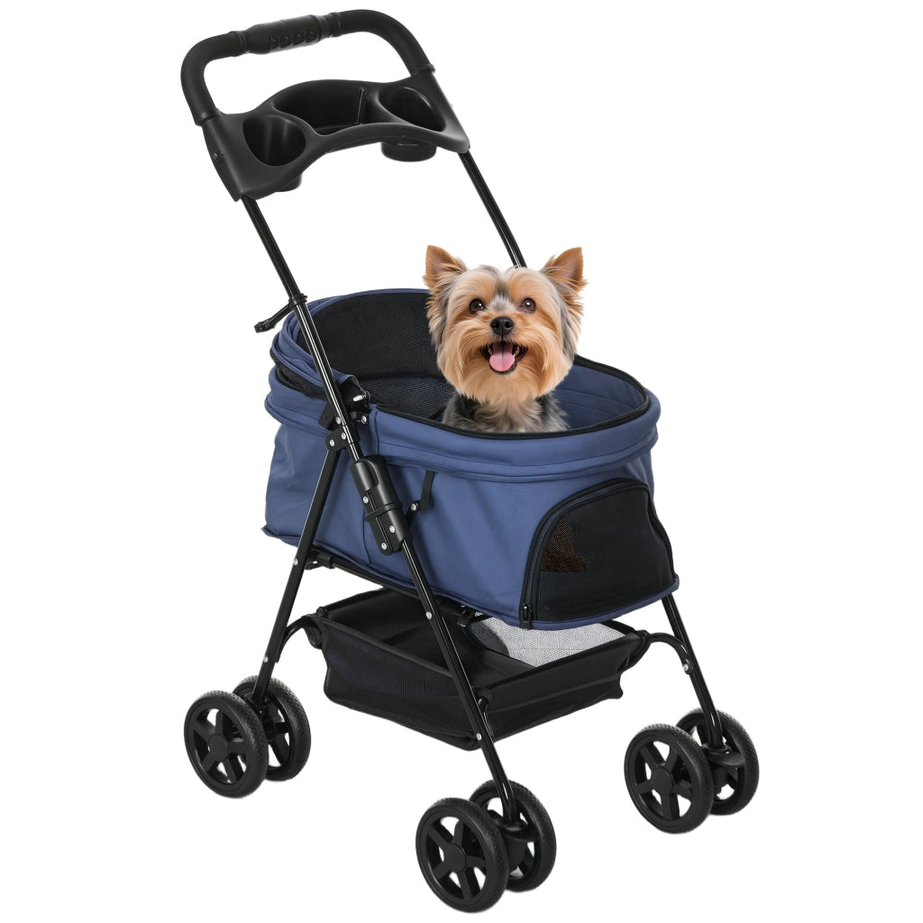 Carrello per Cani Piccoli con Ruote ¨C Xylo ¨C Blu, Cestino Portaoggetti, Cinture di Sicurezza, 67x45x96 cm