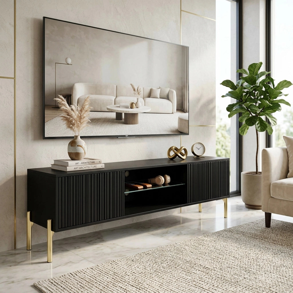 Mobile TV Per Soggiorno Living Con 2 Ante Battenti Vano Centrale A Giorno Ripiano In Vetro Passacavi Posteriori In Melaminico Design Contemporaneo 135 X 31 X 47 Cm Nero