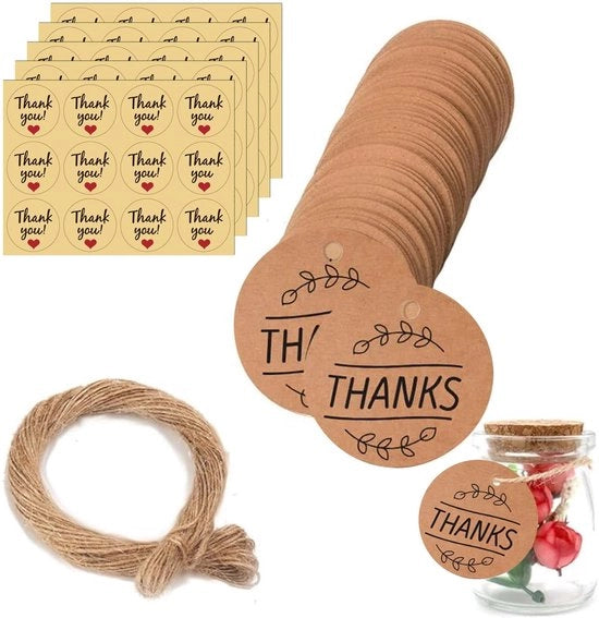 Cadeaulabels in Carta Kraft 100 Stuks - Etichette per Regali - Inclusi Filo di Juta - Decorazione Rustica - Pacchetti di Regalo