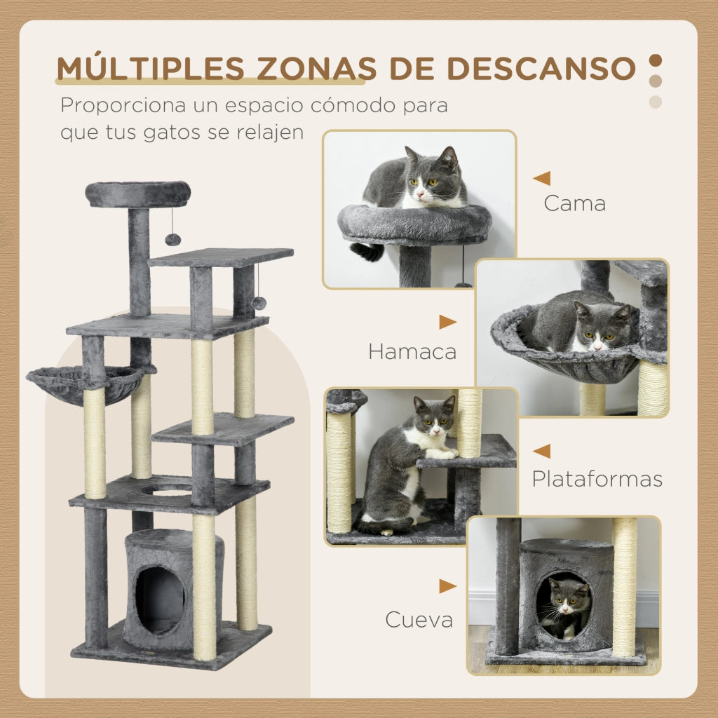 Torre per Gatti con Posti per Graffiare e Cuscino ¨C Zephmum ¨C Grigio 49x49x144 cm