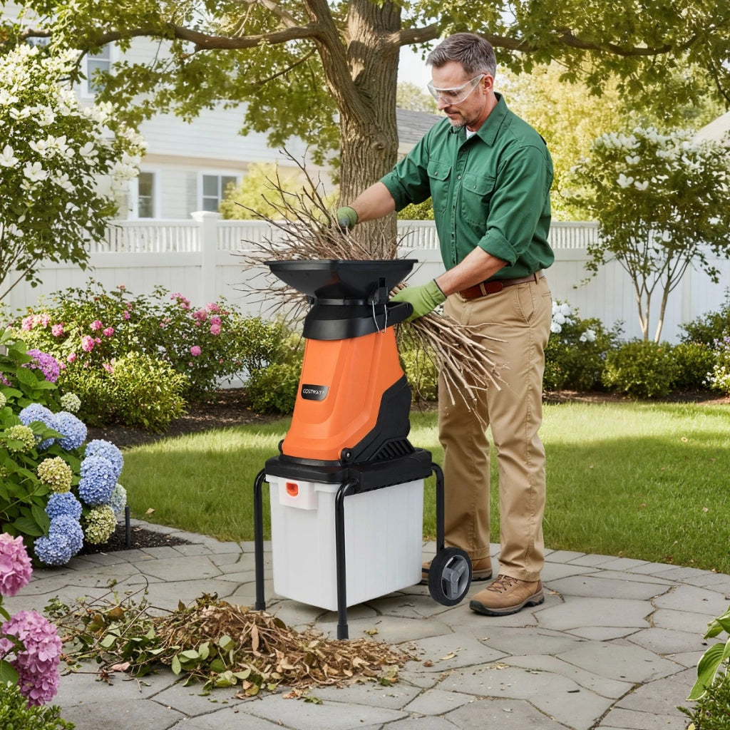 Trituratore elettrico per legno tritatutto da giardino da 3000 w con cestino da 50 l-Trituratore mulching elettrico a fili Arancione