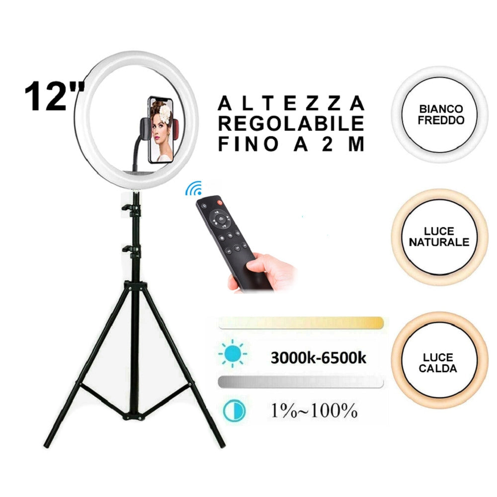 Trade Shop - Lampada Anello Ring Led Yq-320b Selfie Treppiedi Regolabile + Telecomando -