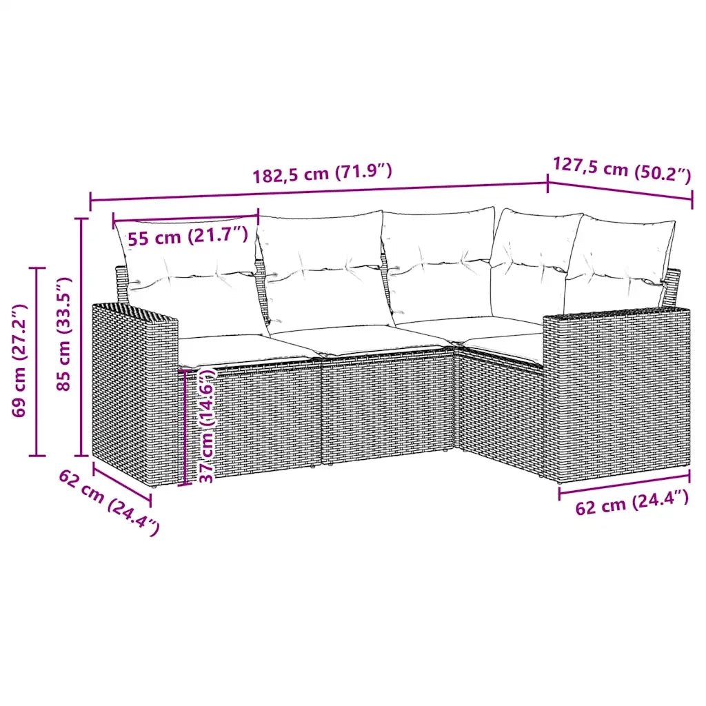 Set Divano da Giardino 4 pz con Cuscini Marrone in Polyrattan