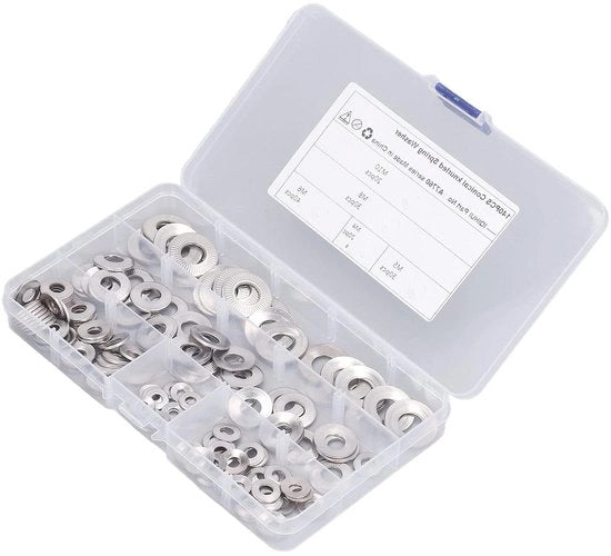 Set di viti Belleville in acciaio inossidabile a 128 pezzi, assortimento da M3 a M12 con anelli metrici in formato HTML, file di configurazione necessario.