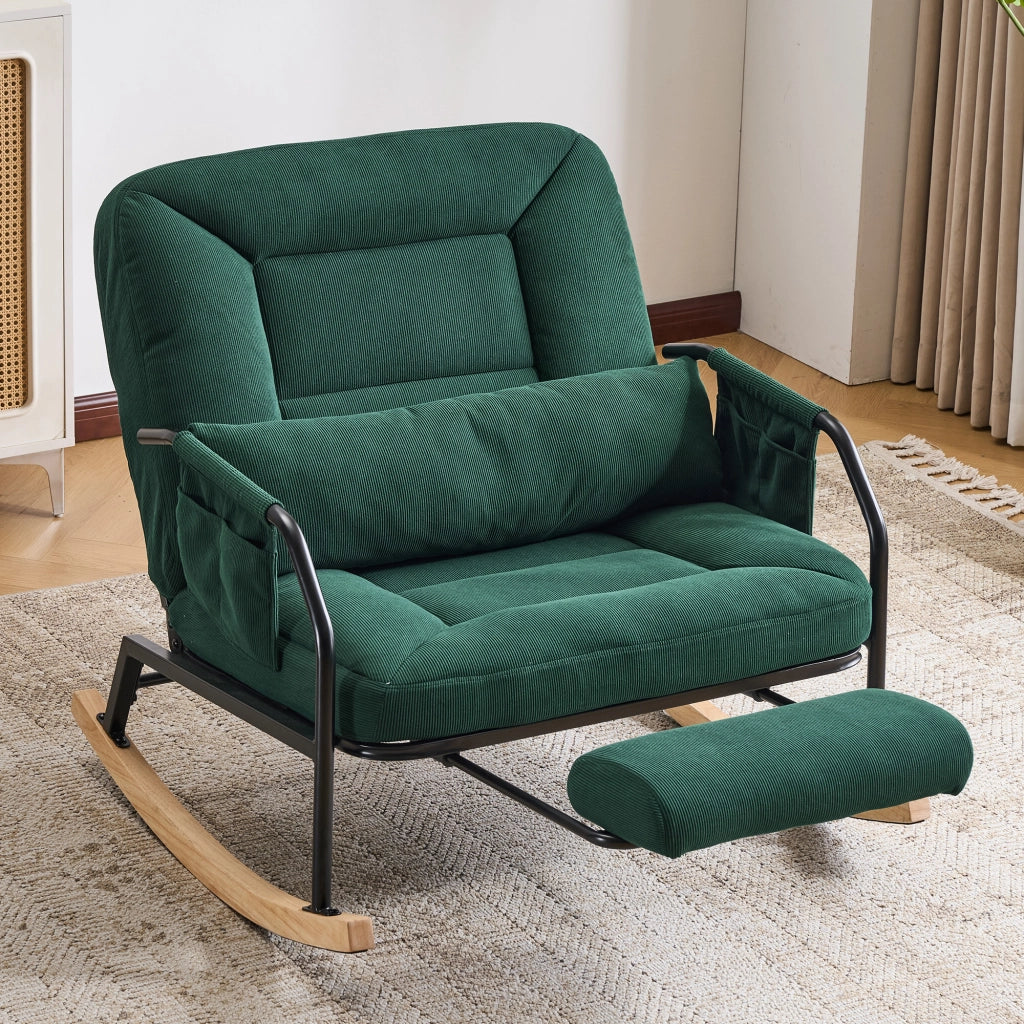 Poltrona a Dondolo con Poggiapiedi ¨C Minimal ¨C Verde, Tessuto, Legno