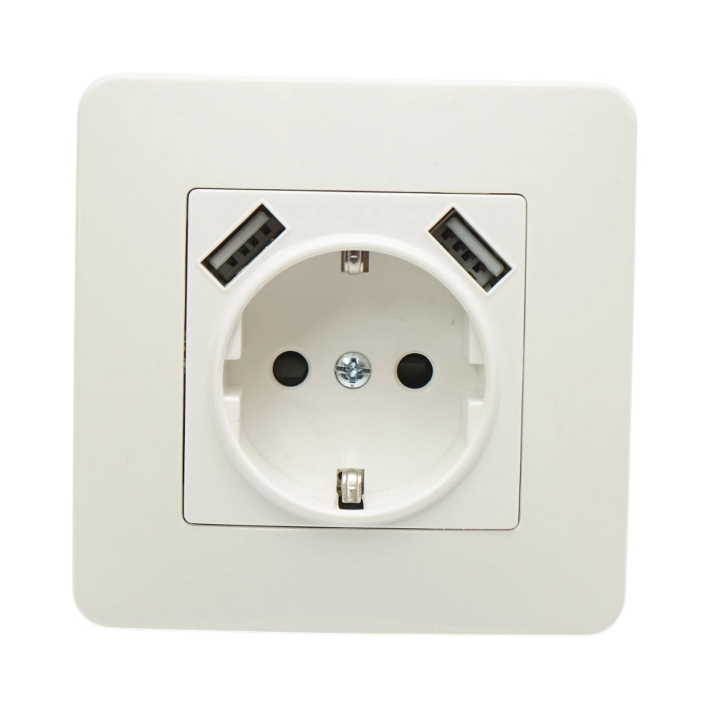 Presa schuko da incasso bianca 220V, 16A, 2xUSB 5V 2.1A, PC 80x80mm