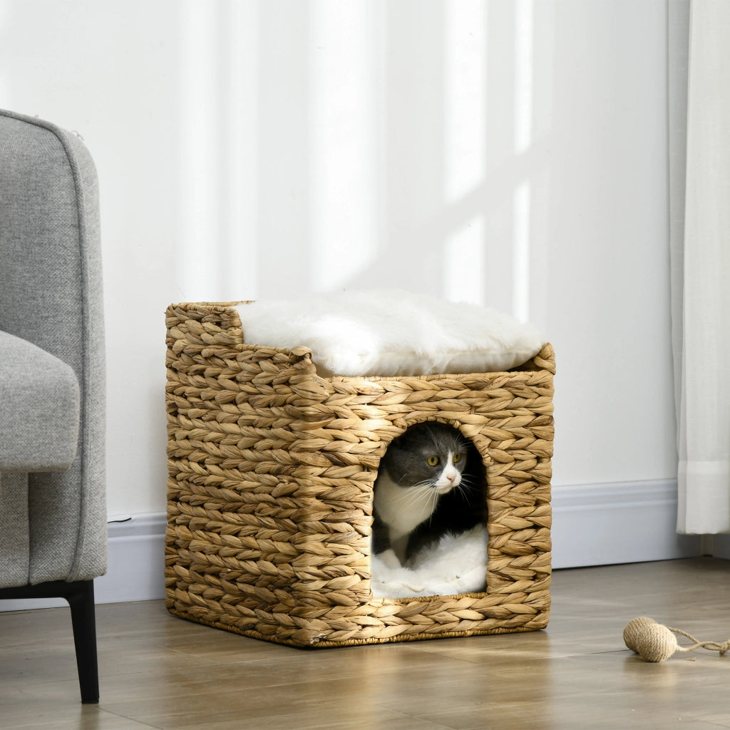 Tana per gatti in rattan e giacinto d'acqua, marrone, 2 livelli con cuscino, fino a 5 kg