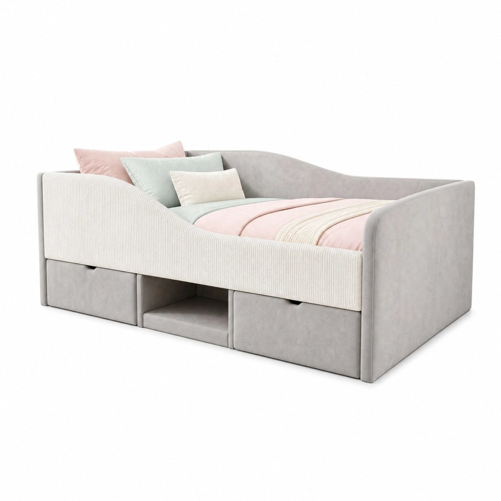 Letto imbottito per bambini grigio 90 x 190 cm con cassetti e sponde