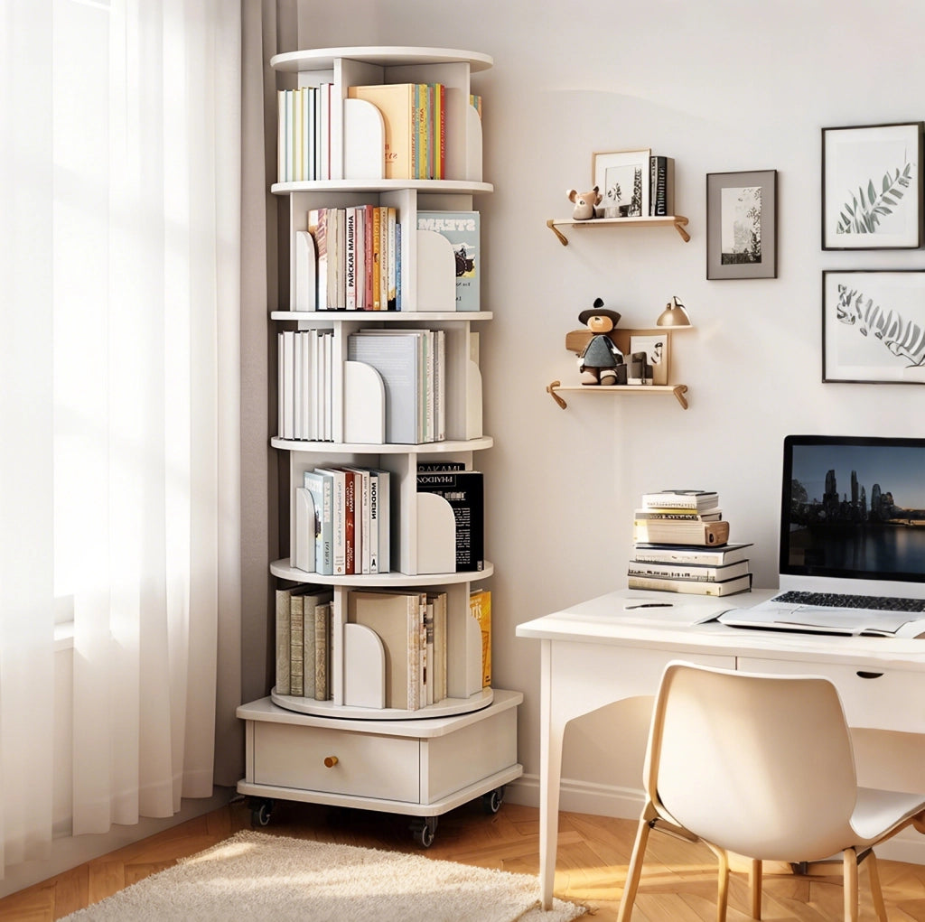 Libreria girevole 360° con cassetto e ruote, bianca