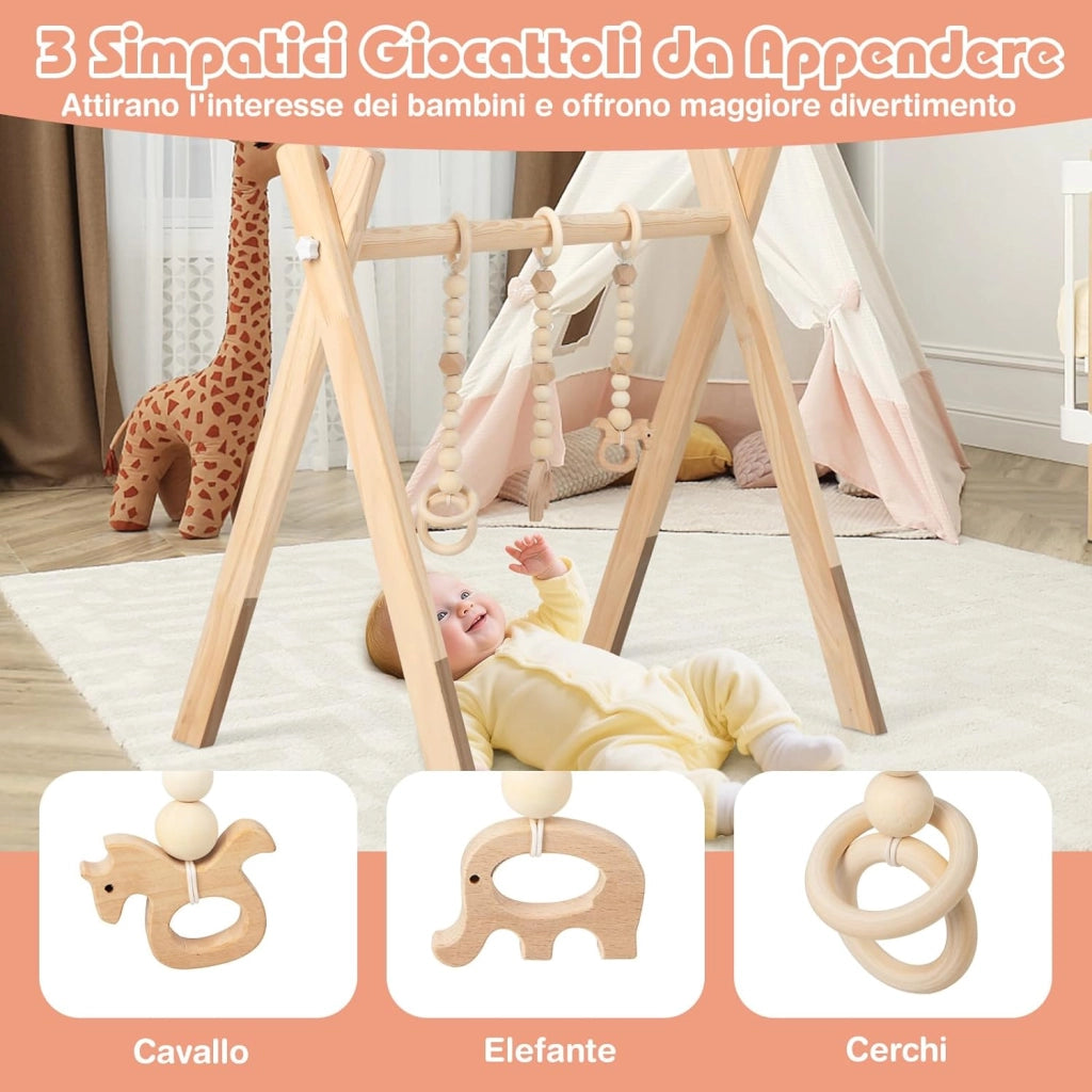 Palestrina per Bambini, Palestrina con Giocattoli per Dentizione Sviluppo Cerebrale Stimolazione Sensoriale, Pieghevole, in Legno, per Bambini 3+ Mesi (Naturale(1))