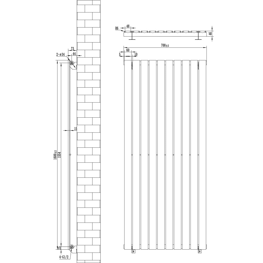 Radiatore Verticale 1600 x 700 mm con Valvole TRV Nero