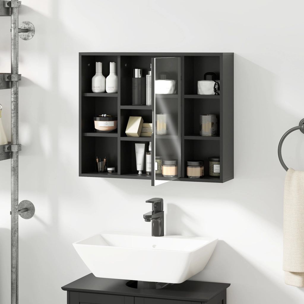 Mobiletto da bagno con specchio, ante e 6 scomparti aperti ¨C Minimal ¨C Nero 60x14.5x49.4 cm