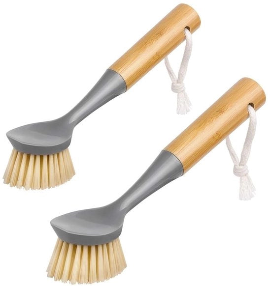 Spazzola per la pulizia dei piatti in bambù rigido con manico - spazzola a schiuma - spazzola per la pulizia - resistente alle abrasioni - set di pulizia - cucina - 23 x 6 x 4,5 cm - spazzola per la pulizia