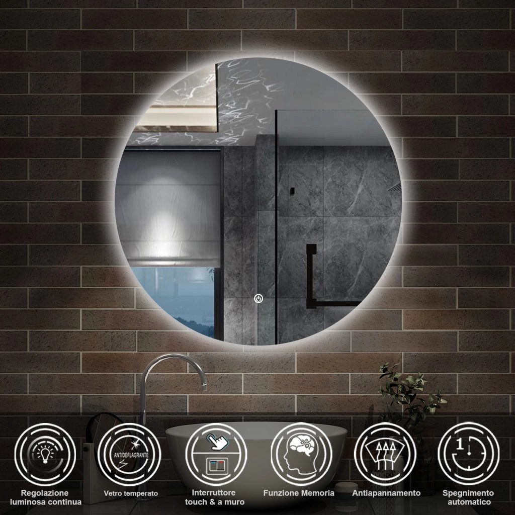 specchio 90 cm rotondo con luce led antiappannamento e touch