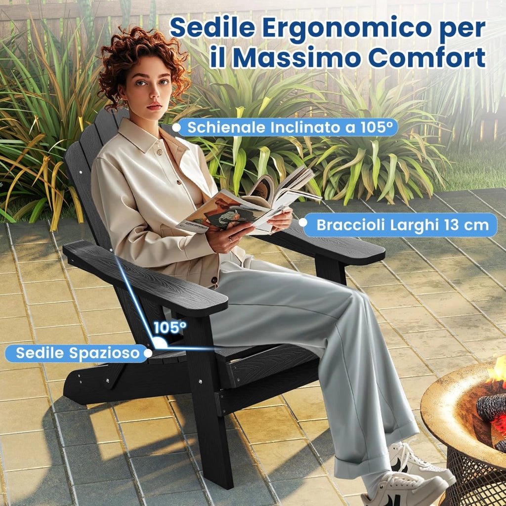 Sedia Adirondack Pieghevole da Giardino, Sedia da Patio in HIPS con Braccioli Larghi e Schienale Inclinato, Poltrona da Giardino in Legno, per Giardino Cortile, Portata 180 kg (Nero)