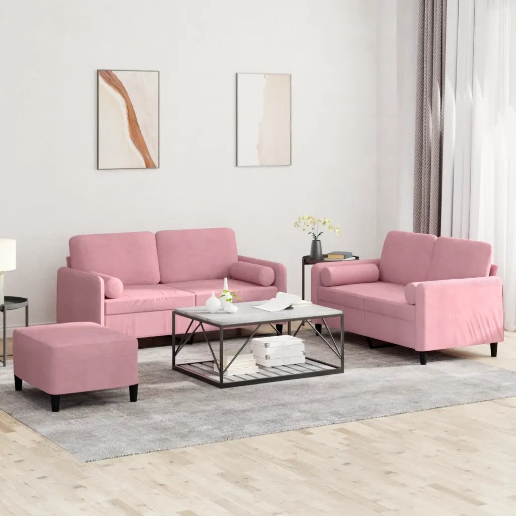Set di Divani 3 pz con Cuscini Rosa in Velluto