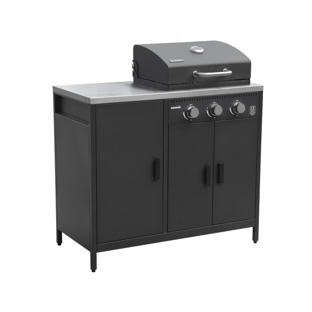 Barbecue a gas 3 bruciatori, 3 ante, 2 spazi di stoccaggio, nero