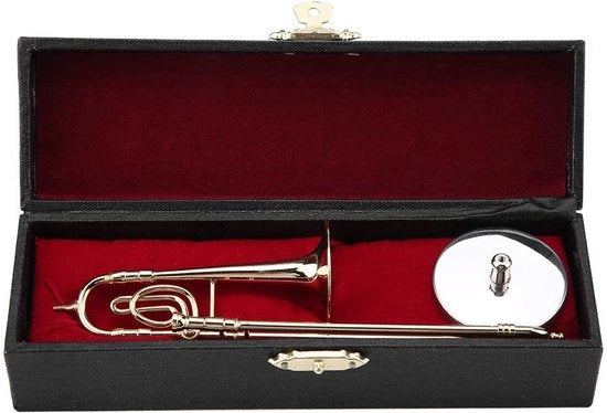 Trombone Miniaturo in Miniatura - Instrumento Decorativo a Forma di Trombone - Stampa in Metallo - Contenuto in Scatola in Legno - Ornamento Decorativo - Dimensioni 16 x 4 x 4 cm