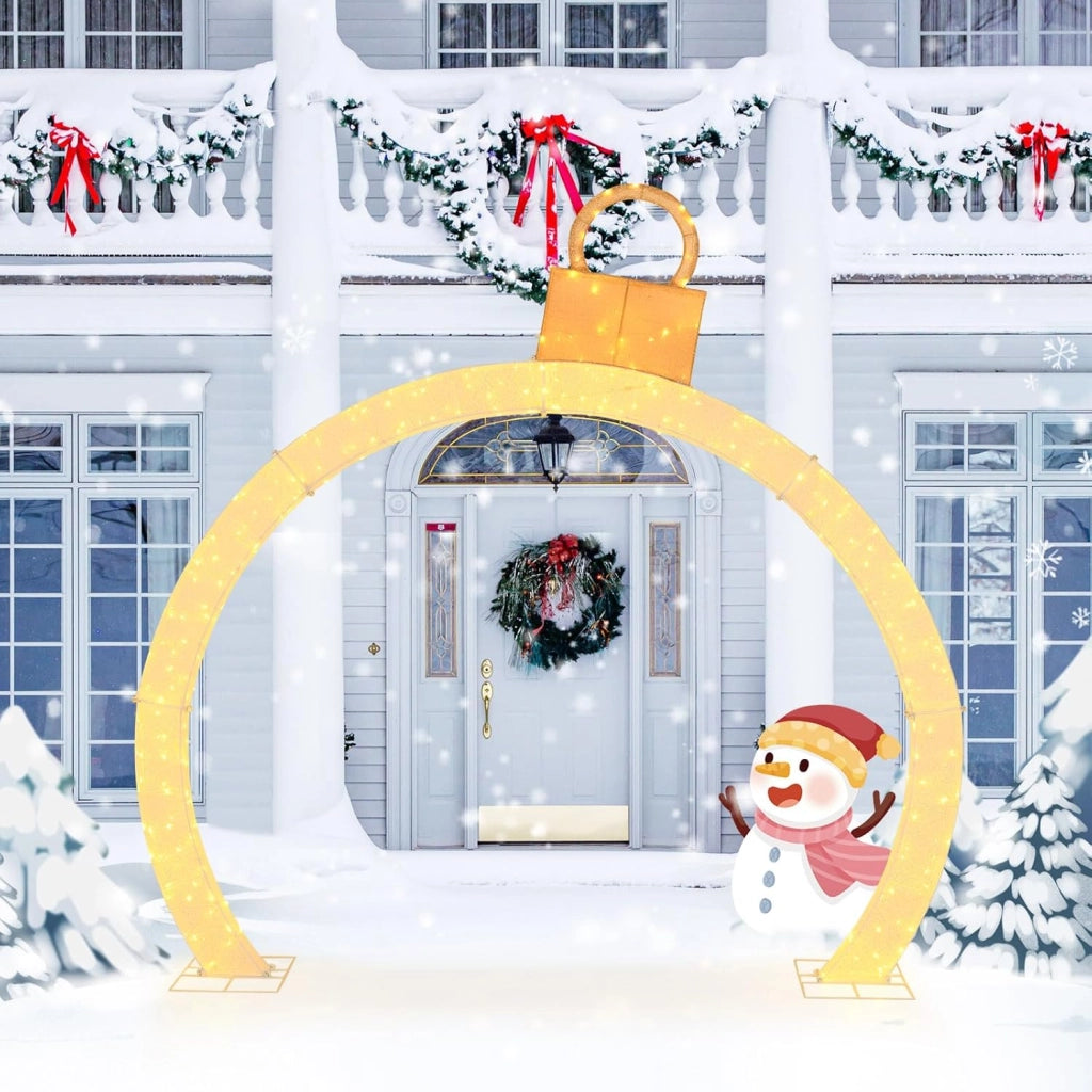 Arco di Natale Pre-Illuminato di 313 cm, Arco Festivo Illuminato con Cappello Ornamentale Dorato, 300 Luci LED Bianche Calde, Decorazione Natalizia per Giardino, Negozio e Cortile