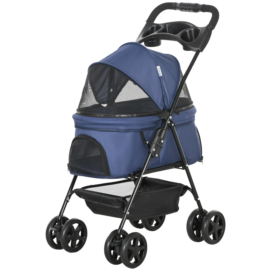 Carrello per Cani Piccoli con Ruote ¨C Xylo ¨C Blu, Cestino Portaoggetti, Cinture di Sicurezza, 67x45x96 cm