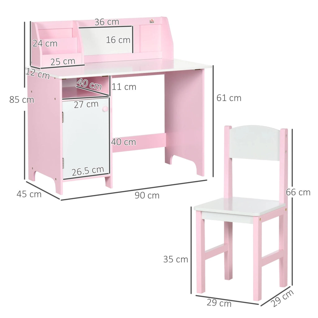 Banco Scuola per Bambini con Sedia in Legno Bianco e Rosa