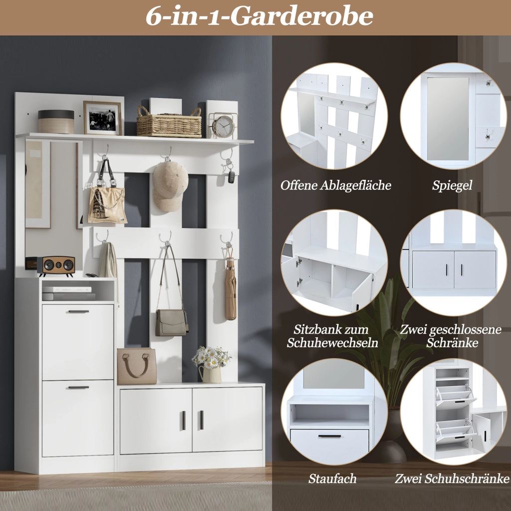 Guardaroba da ingresso con specchio e scarpiera, bianco