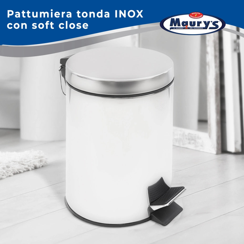 MAURY'S PATTUMIERA INOX TONDA A PEDALE CON TECNOLOGIA SOFT CLOSE 12 LITRI