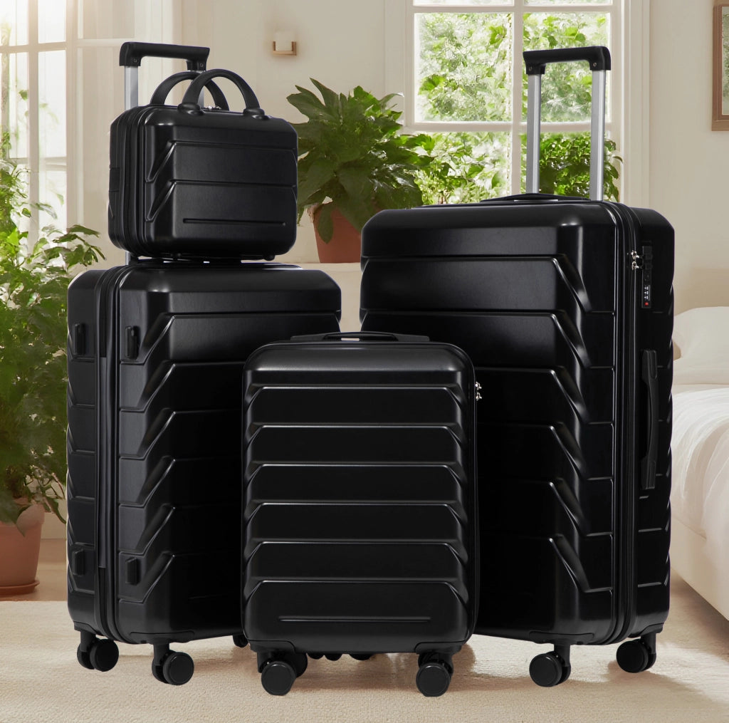Set da Valigie Rigide BEAUNIV 14"/19"/24"/28" con 4 Pezzi in ABS Nero, Ruote Girevoli 360°, Maniglie Laterali e Valigetta Cosmetica 14"