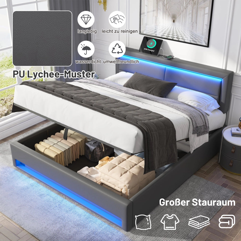 Letto imbottito – 140x190 cm – USB LED contenitore – PU litchi grigio