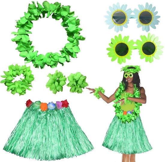 Costume Completo per Festa - Set di Rasoio per Festa - Abito con Foglie di Palma - Collana di Fiori - Occhiali da Sole - Cintura per la Testa - Bracciale per la Festa