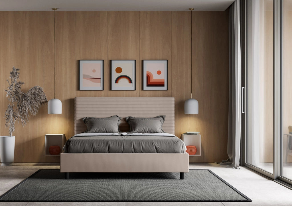 BS COM Letto matrimoniale francese contenitore imbottito 140x200 similpelle tortora